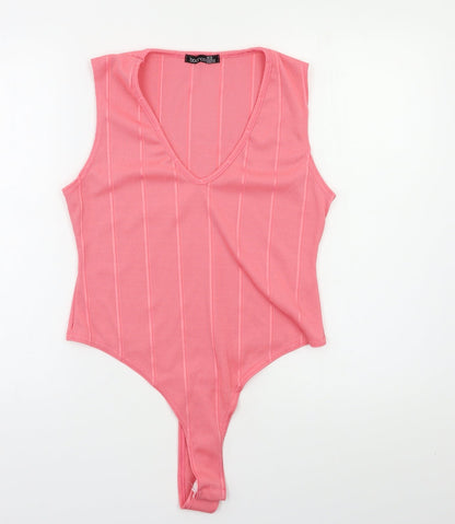 Boohoo Womens Pink Striped  Bodysuit One-Piece Size 14