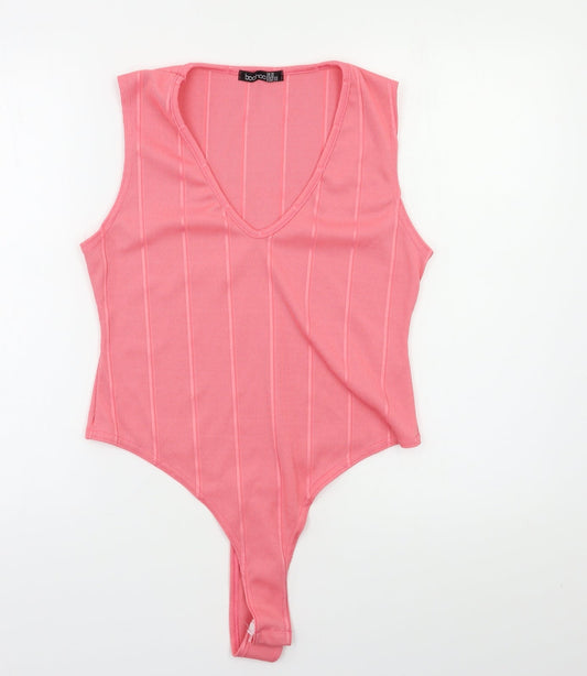 Boohoo Womens Pink Striped  Bodysuit One-Piece Size 14