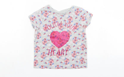 Priark Girls Grey Floral  Basic T-Shirt Size 2-3 Years