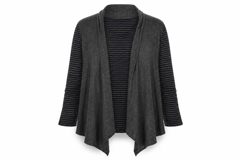 Front view of Denim Co. women’s grey striped cardigan jumper, size UK 14