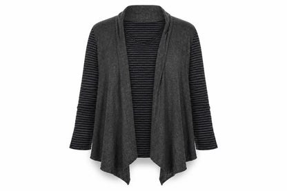 Front view of Denim Co. women’s grey striped cardigan jumper, size UK 14