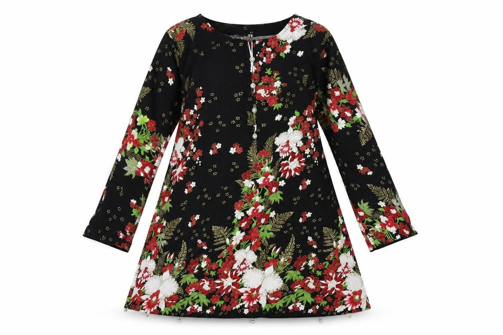 Womens Black Floral  A-Line  Size S  - beads on hem