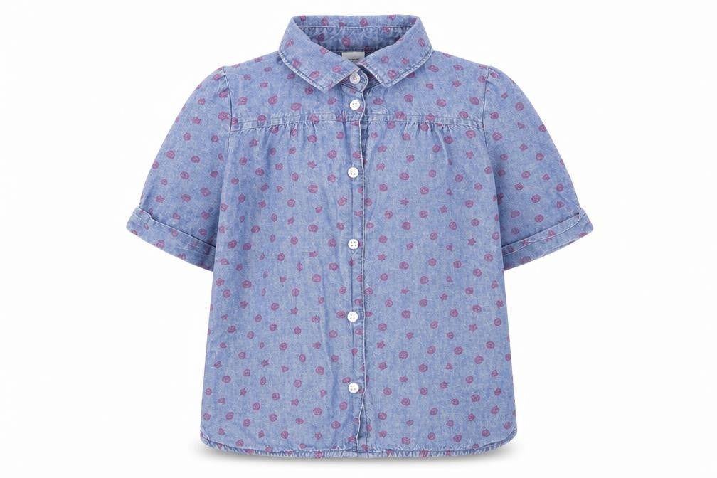 Front view of carters girls’ blue geometric basic button-up, size 5, years