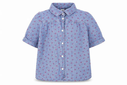 Front view of carters girls’ blue geometric basic button-up, size 5, years
