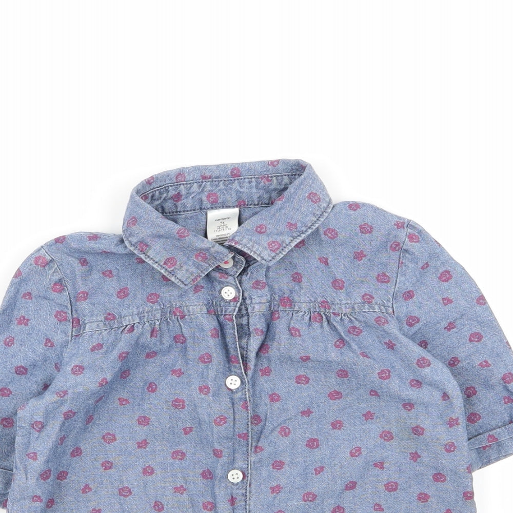 Close-up detail of carters girls’ blue geometric basic button-up, size 5, years