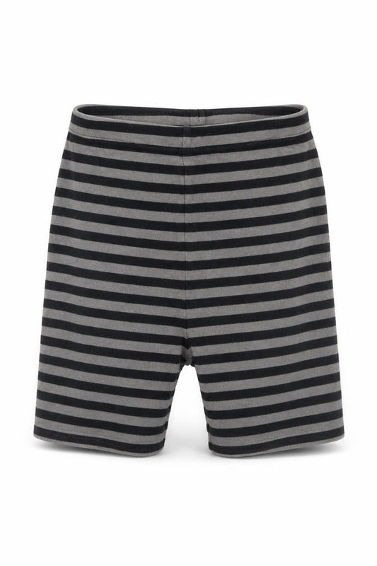 Front view of Kirkland boys’ black striped sweat shorts, size 7, years