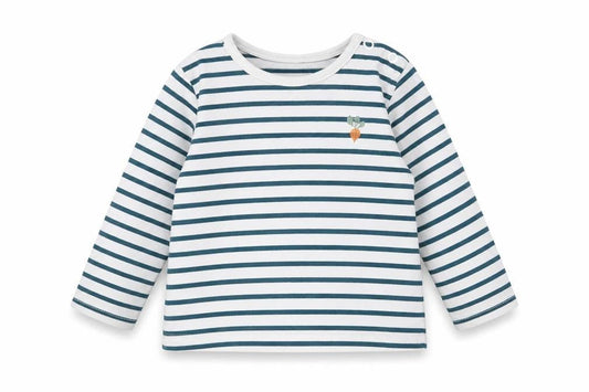 Front view of Tu Baby White Striped Basic T-Shirt, size 6-9, Months