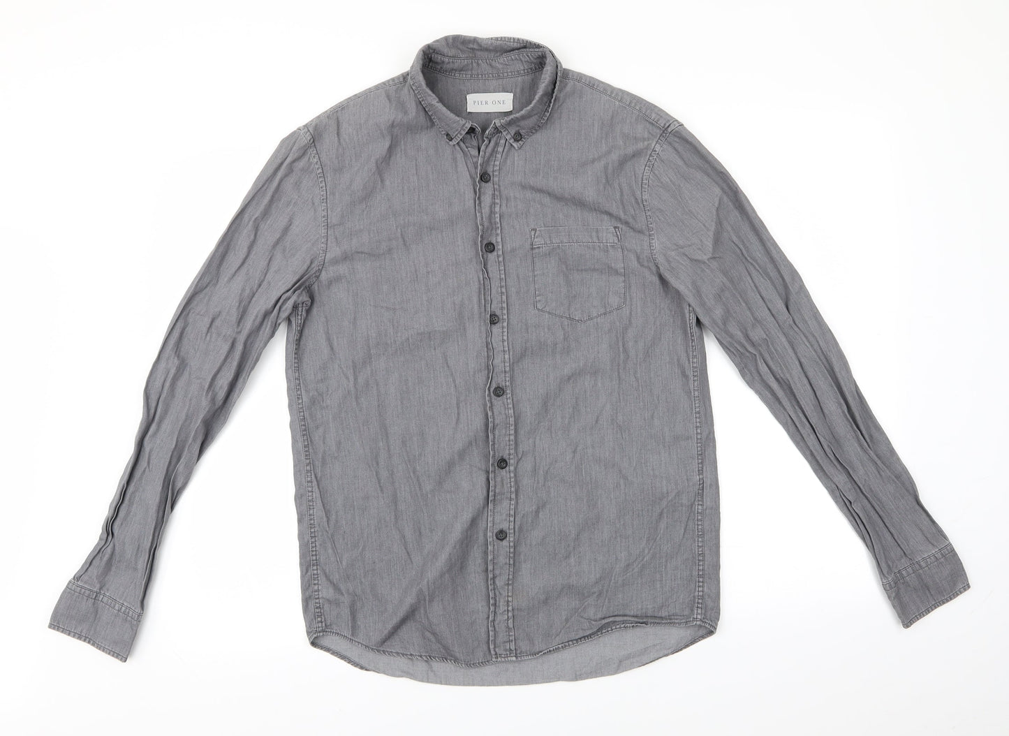 Mens UK Size S Pier One Grey  Button-Up Long Sleeve Casual Shirt