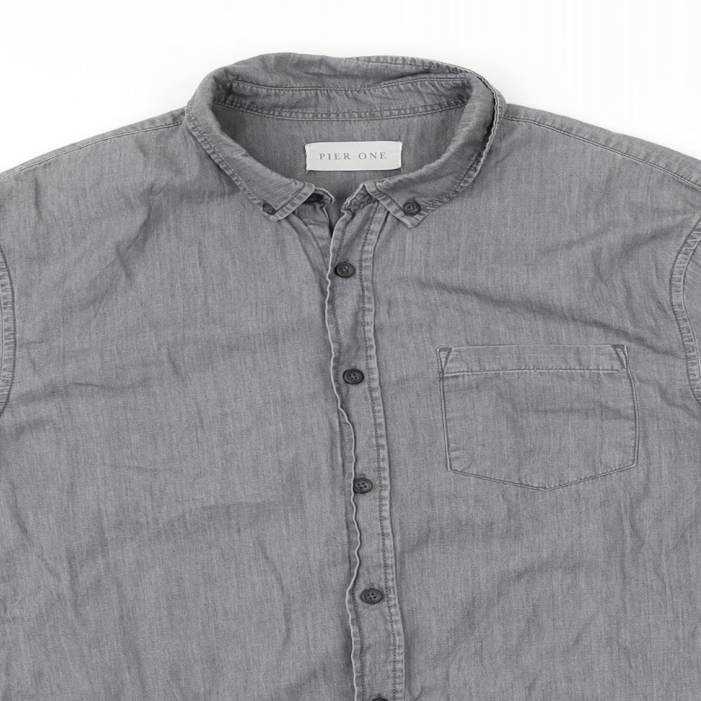 Mens UK Size S Pier One Grey  Button-Up Long Sleeve Casual Shirt