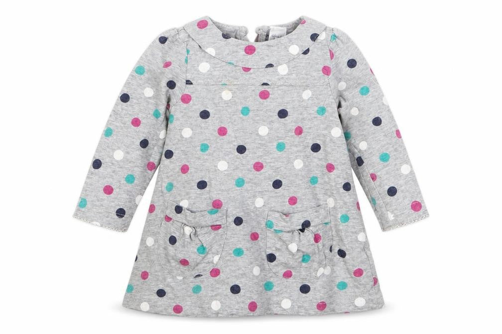 Front view of Mini Club girls’ grey polka dot basic t-shirt, size 6-9, months