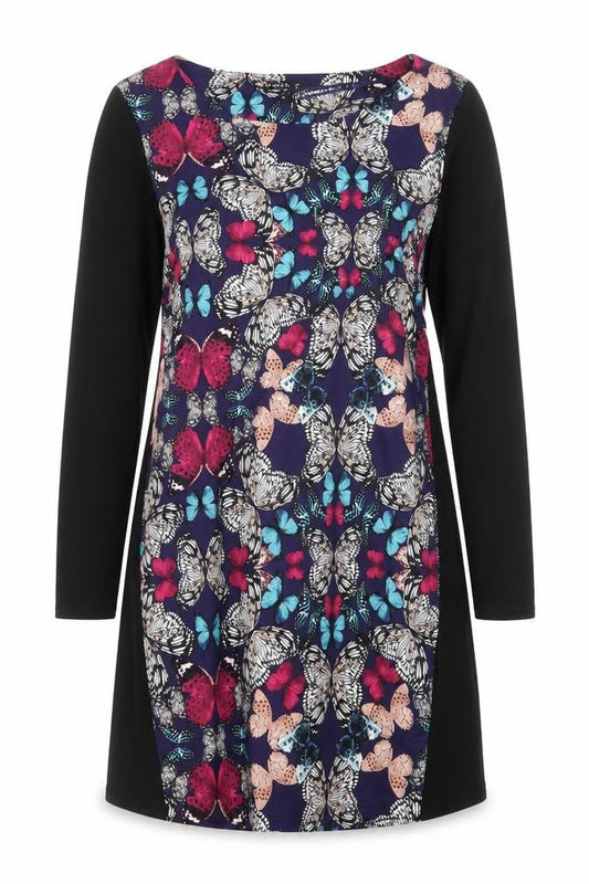 Front view of Dunnes women’s black geometric t-shirt dress, size UK 14