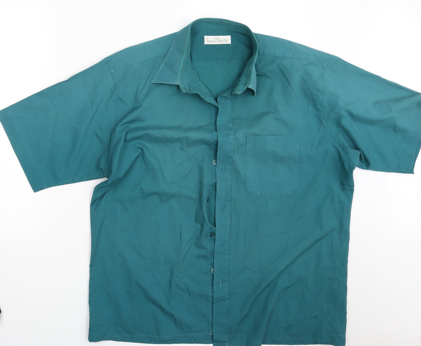 Mens UK Size 17 M&S Green  Button-Up Short Sleeve Casual Shirt