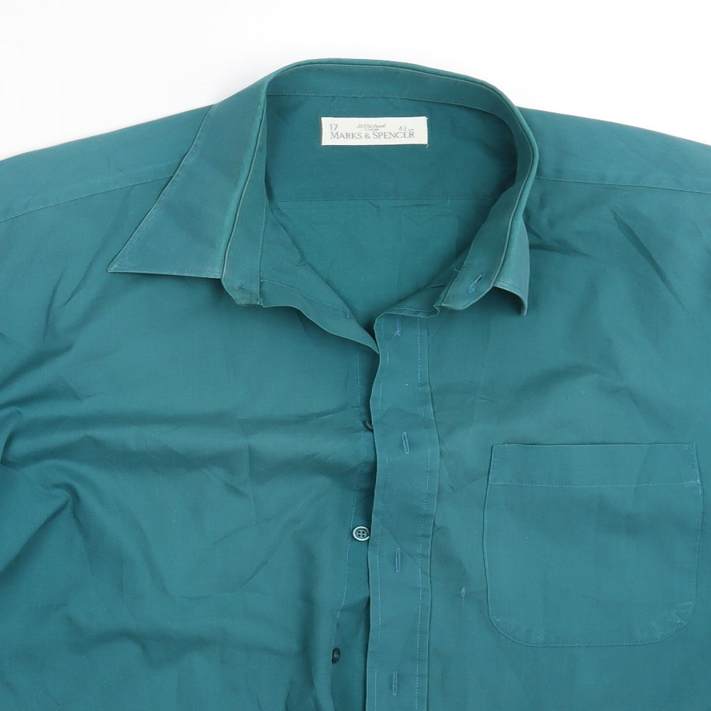 Mens UK Size 17 M&S Green  Button-Up Short Sleeve Casual Shirt