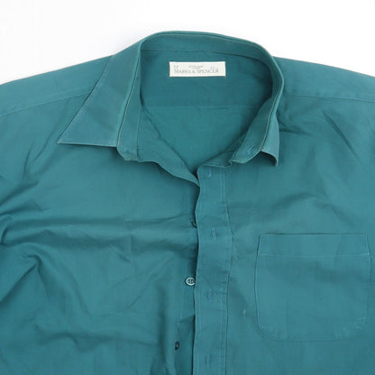 Mens UK Size 17 M&S Green  Button-Up Short Sleeve Casual Shirt
