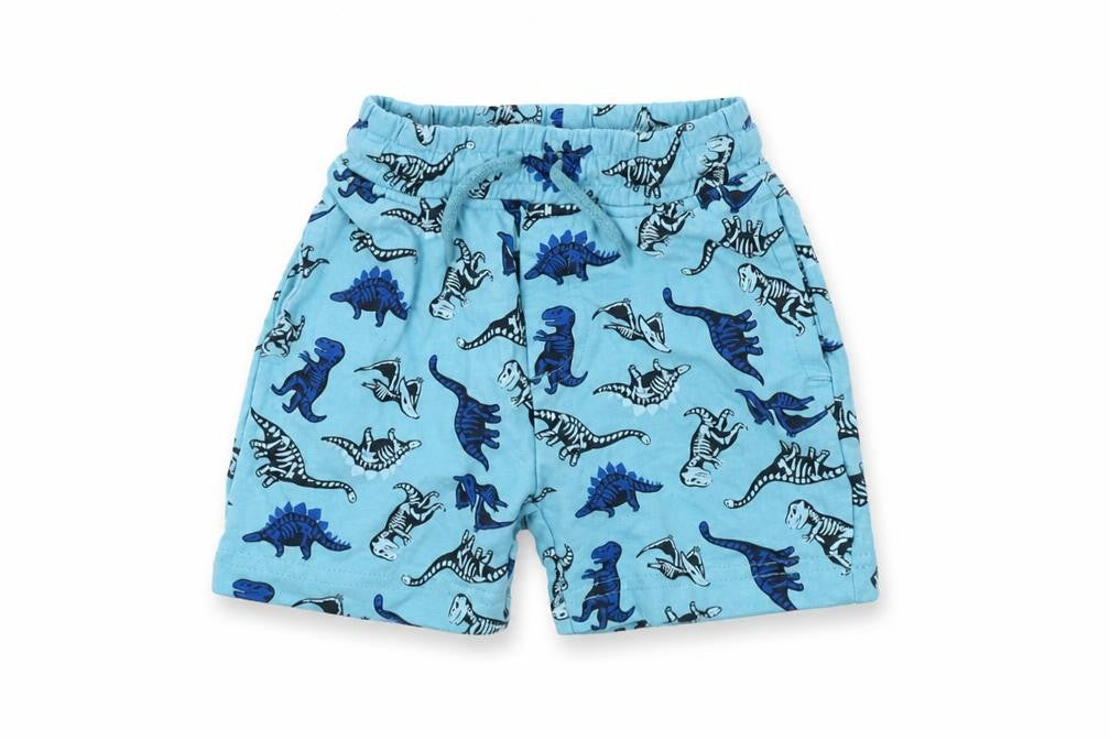Front view of Pep&Co boys’ blue geometric cropped trousers, size 9-12, months - dinasours