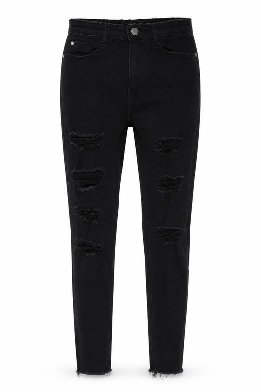 Front view of Missguided women’s black denim skinny jeans, size UK 6, 24.5-inch leg