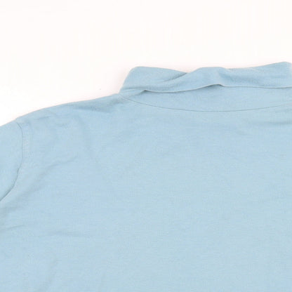 Close-up detail of EMW women’s blue pullover sweatshirt, size L
