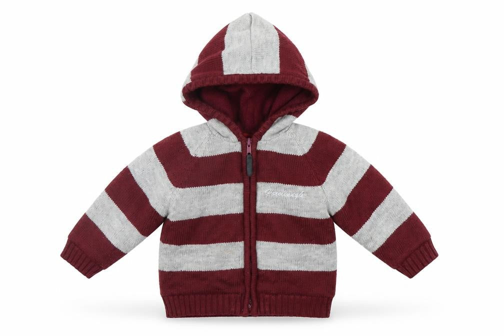 Front view of Hadleigh girls’ red striped full zip jumper, size 12-18, months