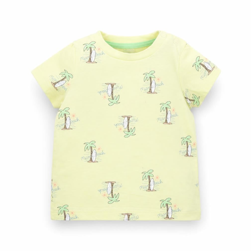 Front view of F&F Baby Yellow Spotted Basic T-Shirt, size 9-12, Months - Miami Beach
