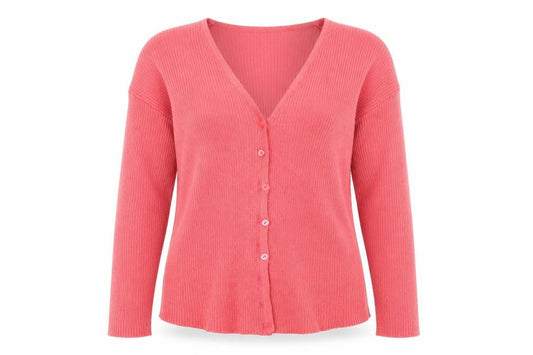 Front view of AMARANTO women’s pink striped cardigan jumper, size S