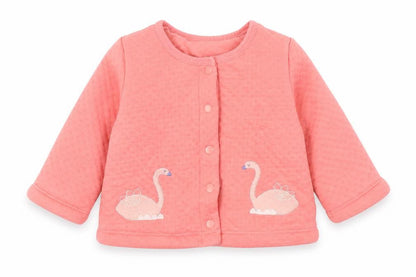 Front view of Preworn girls’ pink jacket, size 3-6, months