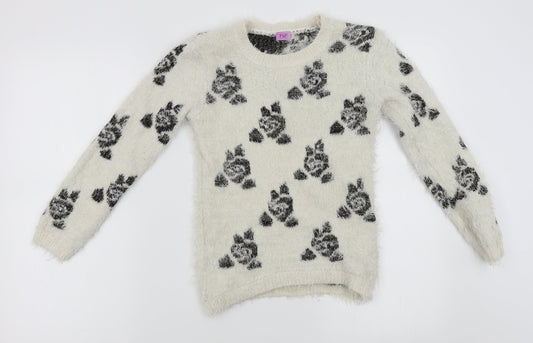 F&F Girls Ivory Floral  Pullover Jumper Size 9-10 Years