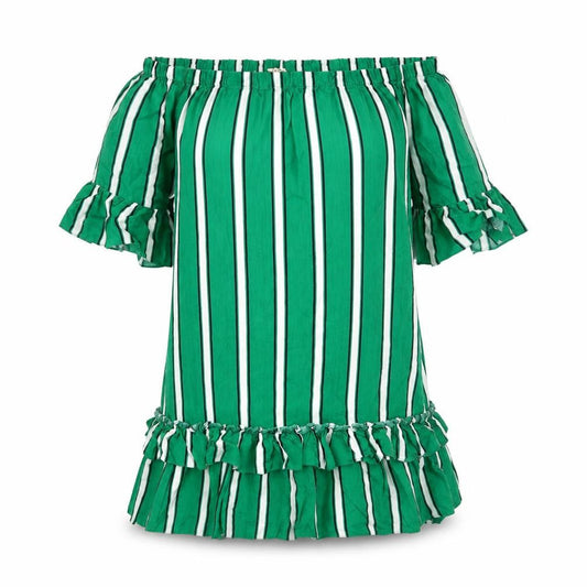 Front view of Papaya women’s green striped rayon shift, size UK 12