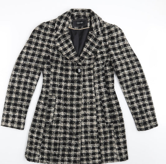 George Womens Black Check  Overcoat Coat Size 8