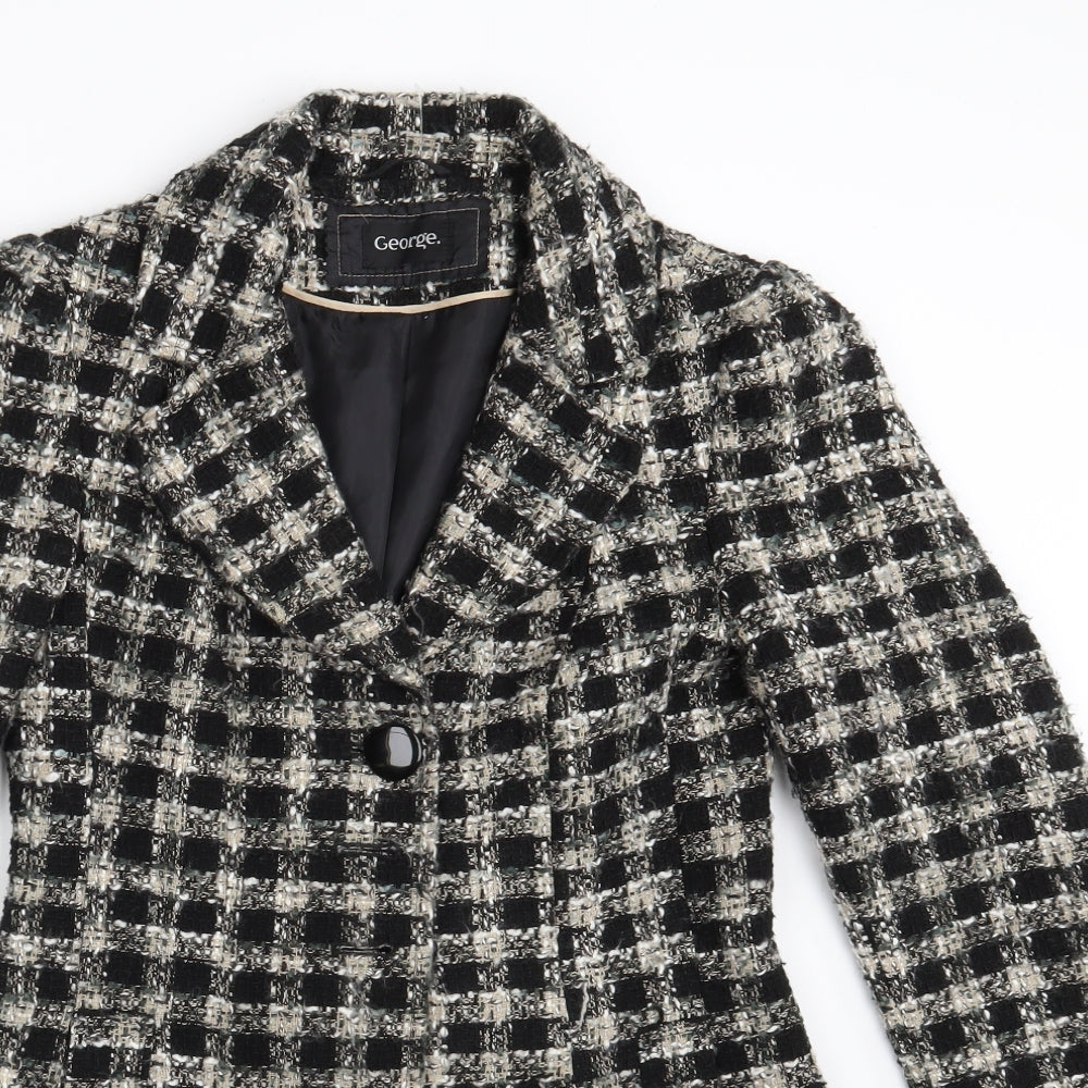 George Womens Black Check  Overcoat Coat Size 8