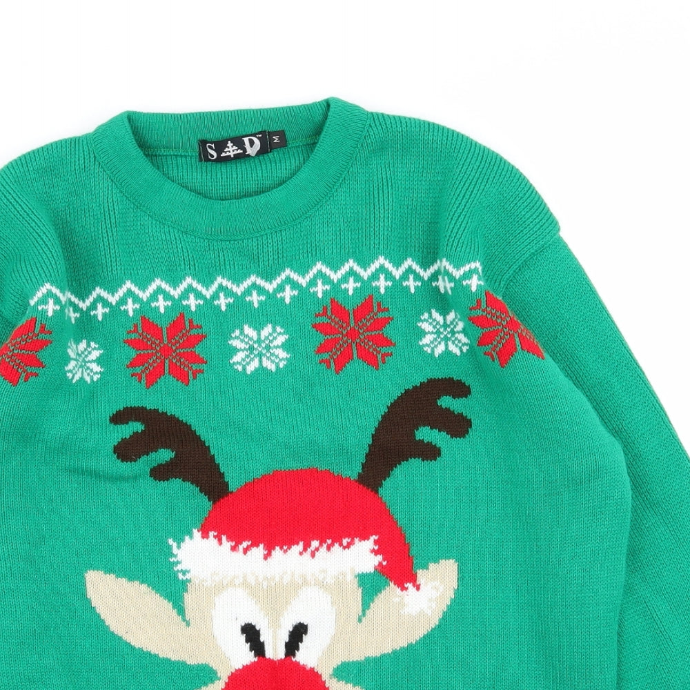 S&D Mens Green Geometric  Pullover Jumper Size M  - christmas jumper