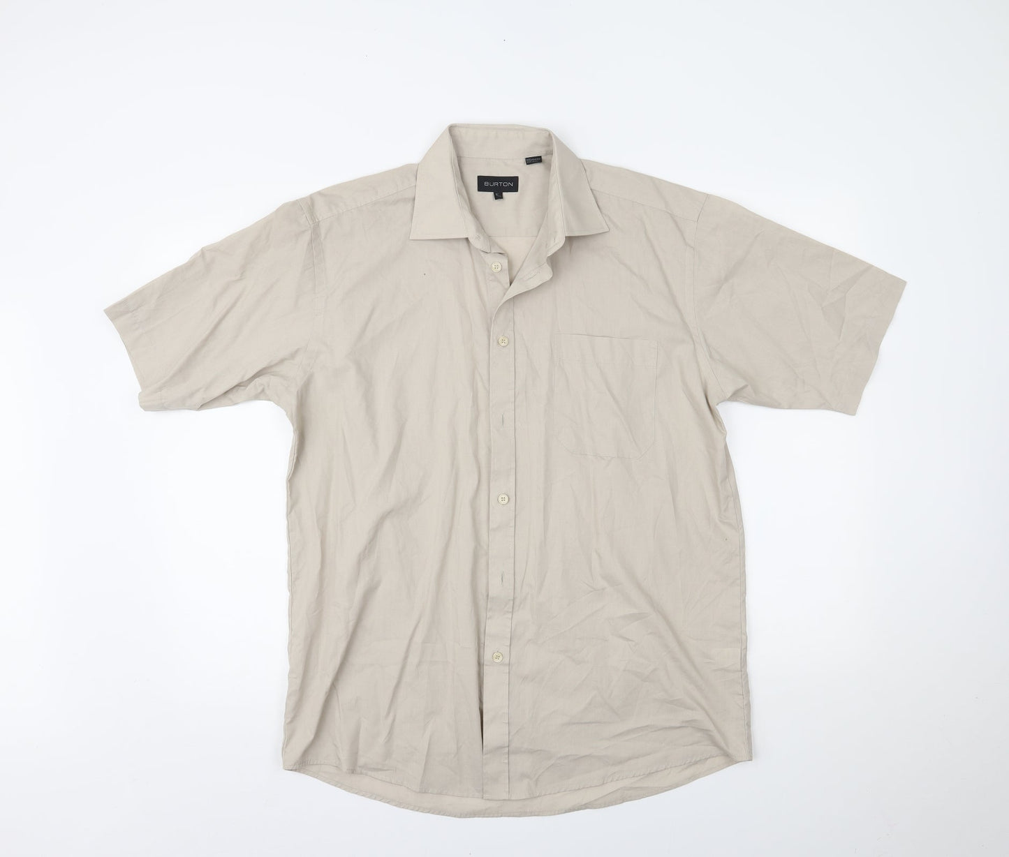 Mens UK Size 16 Burton Beige  Button-Up Short Sleeve Casual Shirt