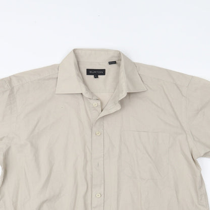 Mens UK Size 16 Burton Beige  Button-Up Short Sleeve Casual Shirt