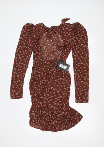 PRETTYLITTLETHING Womens Brown Floral  A-Line  Size 6