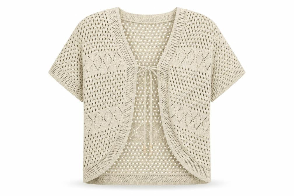 Front view of CHIC women’s beige knit jacket coatigan, size M