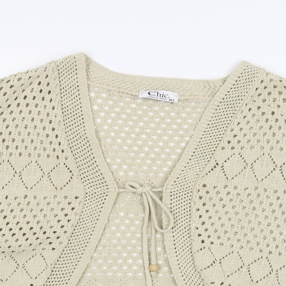 Close-up detail of CHIC women’s beige knit jacket coatigan, size M