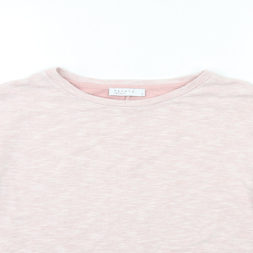 Close-up detail of Papaya women’s pink jersey pullover sweatshirt, size S