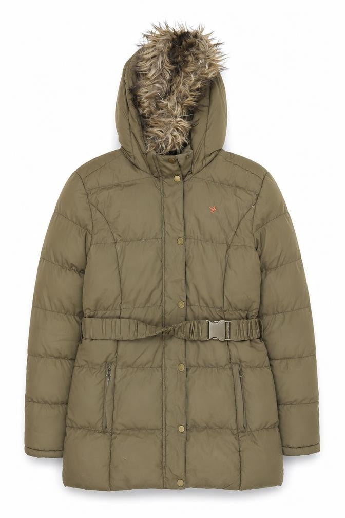 Front view of denim and co women’s green parka coat, size UK 12