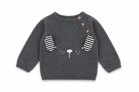 Front view of Tu Baby Grey Knit jumper, size 12-18, Months - animal face