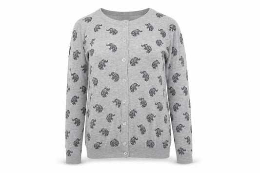 Front view of Atmosphere women’s grey animal print cardigan jumper, size UK 4, - elephant