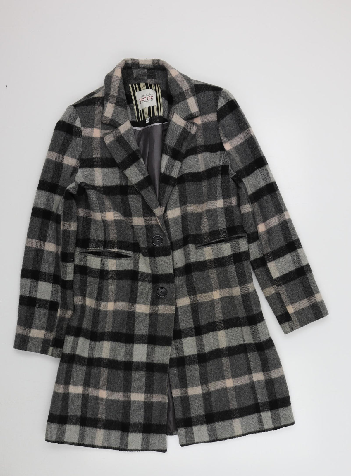 Front view of Prinsiples women’s black check overcoat coat