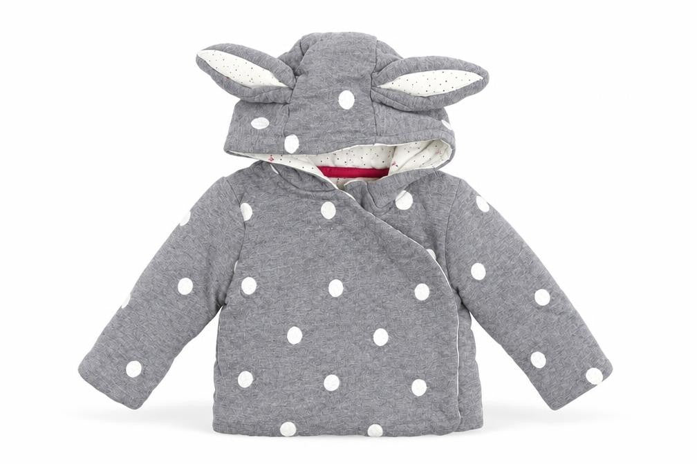 Front view of Mothercare girls’ grey polka dot jumper, size 0-3, months