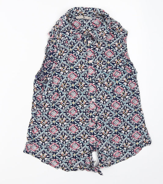 TU Womens Blue Geometric  Basic Button-Up Size 10