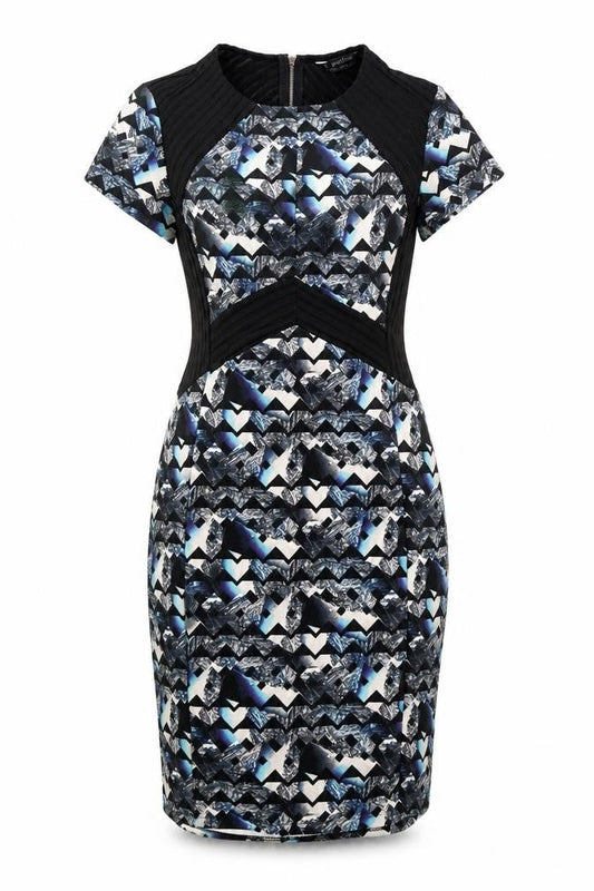 Front view of Miss Selfridge women’s blue geometric pencil dress, size UK 8