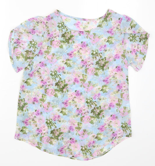 SheIn Womens Blue Floral  Basic T-Shirt Size S  - Purple Flowers