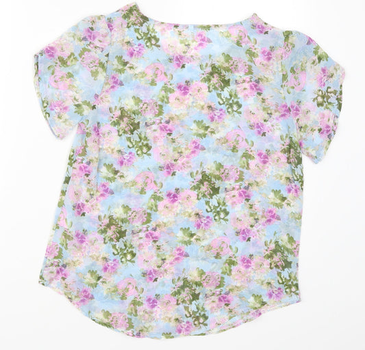 SheIn Womens Blue Floral  Basic T-Shirt Size S  - Purple Flowers
