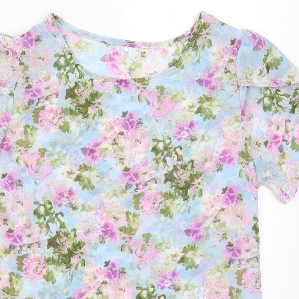 SheIn Womens Blue Floral  Basic T-Shirt Size S  - Purple Flowers