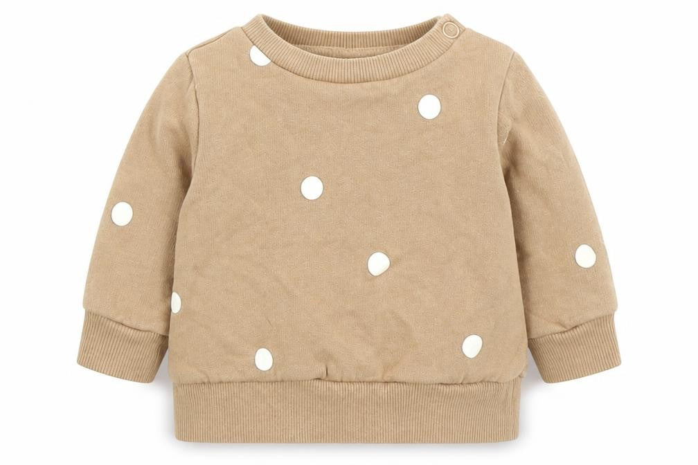 Front view of H&M girls’ brown polka dot pullover t-shirt, size 0-3, months