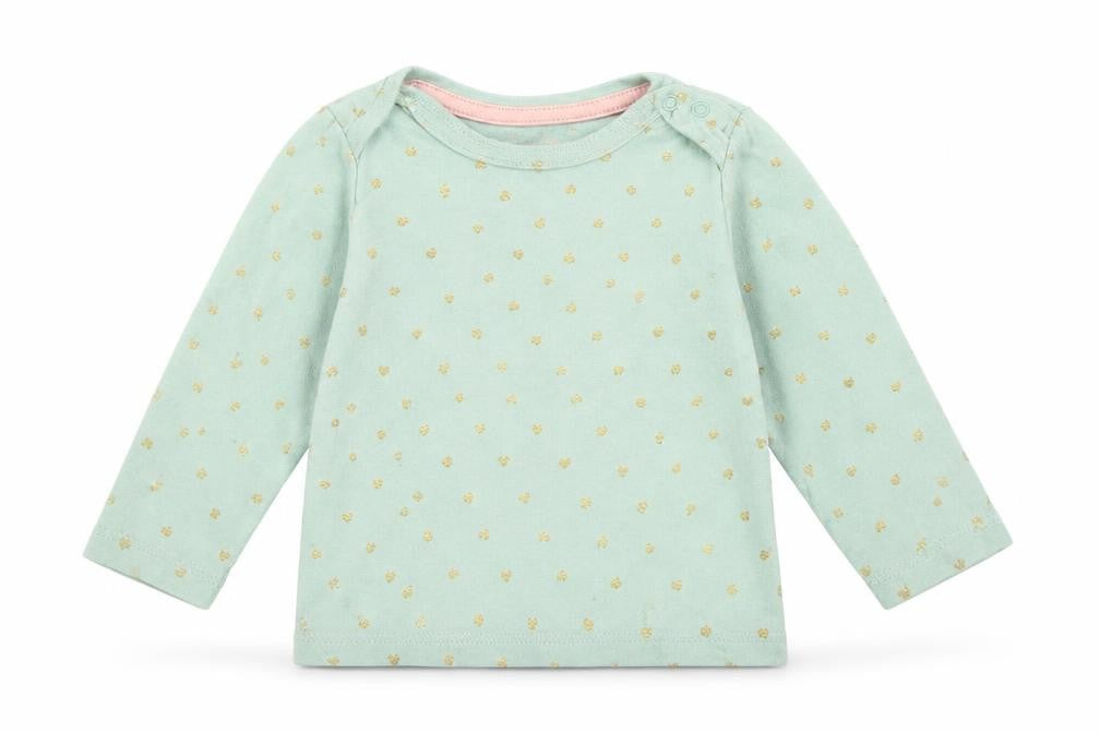 Front view of Primark girls’ green polka dot jersey basic t-shirt, size 6-9, months