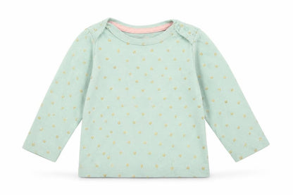 Front view of Primark girls’ green polka dot jersey basic t-shirt, size 6-9, months
