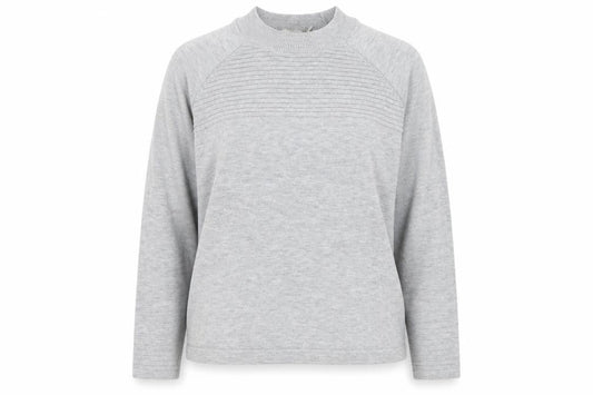 Front view of ASOS women’s grey striped pullover sweatshirt, size UK 10
